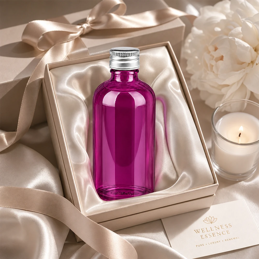 100ml pullo. 11mm ruuvikorkki alumiini-hopea vakio PurpleLine. UT18/100 Tyylikäs 100ml violetti lasipullo, jossa on 11mm aukko ja joka sopii täydellisesti ylellisiin wellness-lahjoihin.