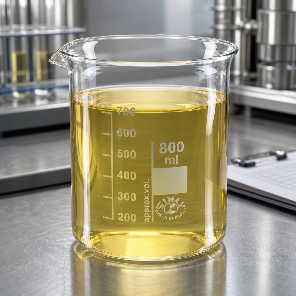 Lasipannu 800ml borosilikaattilasi, matala muotoinen Laboratoriolasi 800ml, valmistettu kestävästä borosilikaattilasista, jossa on keltaista testinestettä laboratoriopöydällä.
