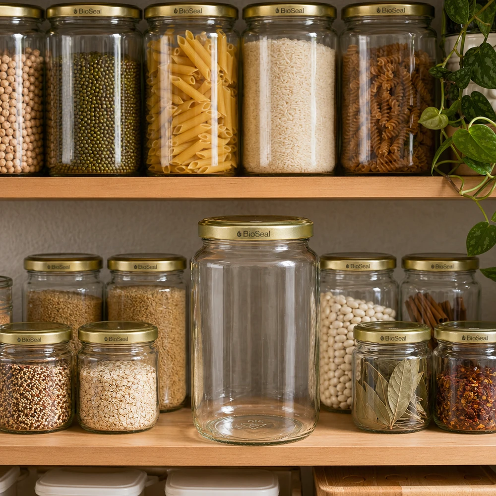 1000g Honigglas mit goldenem Deckel BioSeal UNiTWIST 1000g BioSeal hunajapurkki järjestäytyneessä säilytyskeittiössä, jossa on pastaa, riisiä ja mausteita, näyttää täydellisen keittiön säilytyksen.