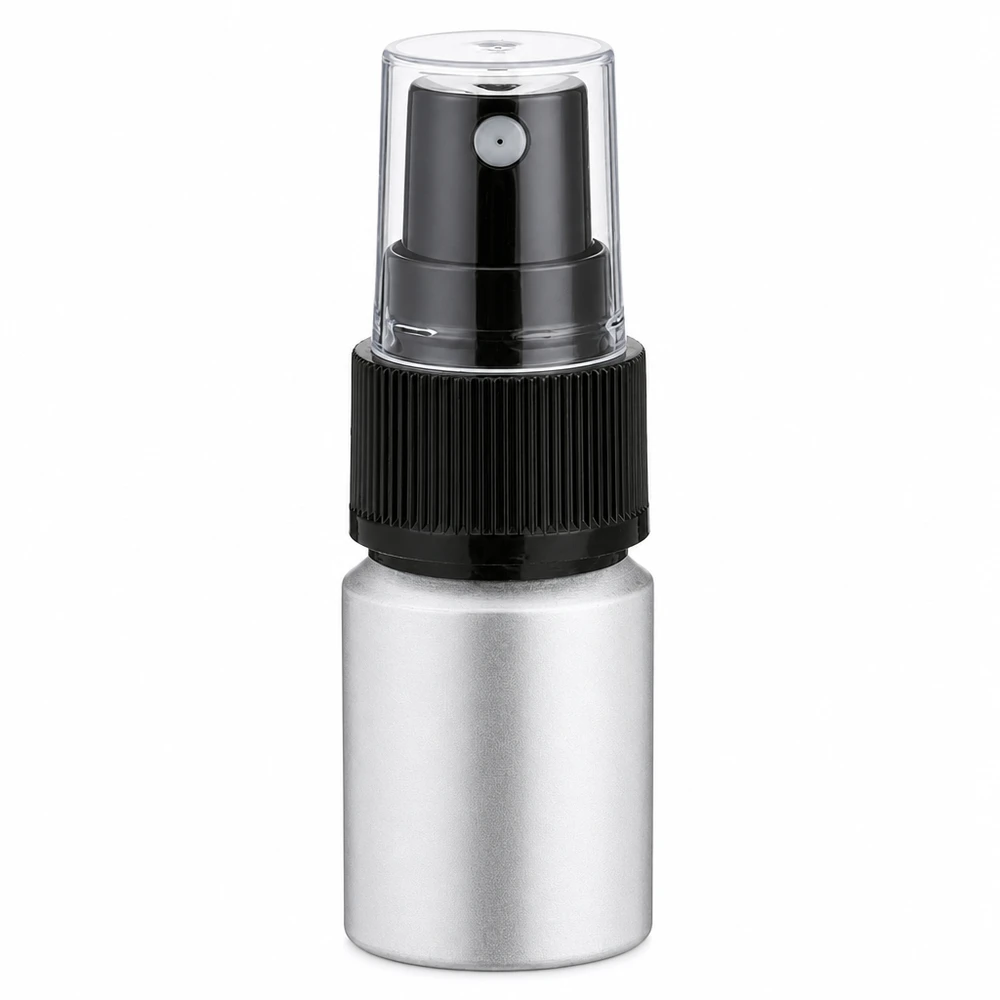 10ml alumiinipullo mustalla pumppusumuttimella hajuvesille ja kosmetiikalle.