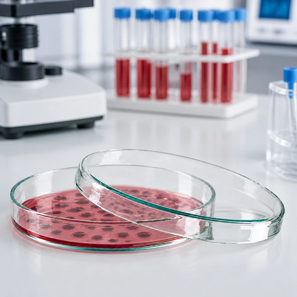 Lasinen petrimalja, 100 x 10 mm, jossa on punaista kasvualustaa ja bakteeripesäkkeitä mikrobiologisessa laboratoriossa