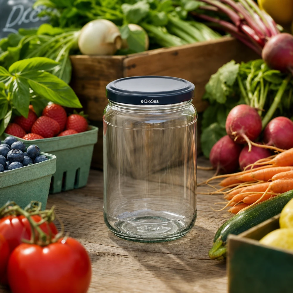 305ml pyöreä purkki + BioSeal-kansi musta UNiTWIST UNiTWIST Runda305 Vorratsglas mit schwarzem BioSeal Deckel inmitten frischem Marktgemüse und Obst auf Holztisch