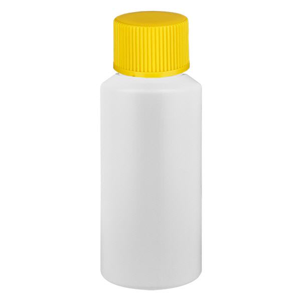 Apteekkipullo HDPE 30ml valkoinen, keltaisella kierrekorkilla varustettu Apteekkipullo HDPE 30ml valkoinen, keltaisella kierrekorkilla varustettu