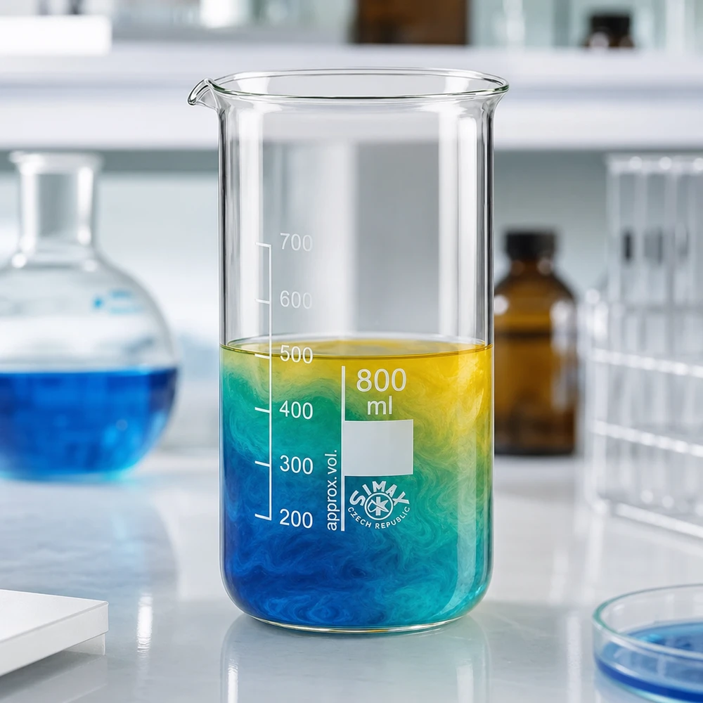 Juomalasi 800ml borosilikaattilasista, korkea muoto 800 ml:n korkea koeputki, jossa on sinisestä keltaiseen vaihtuva värigradientti laboratoriossa
