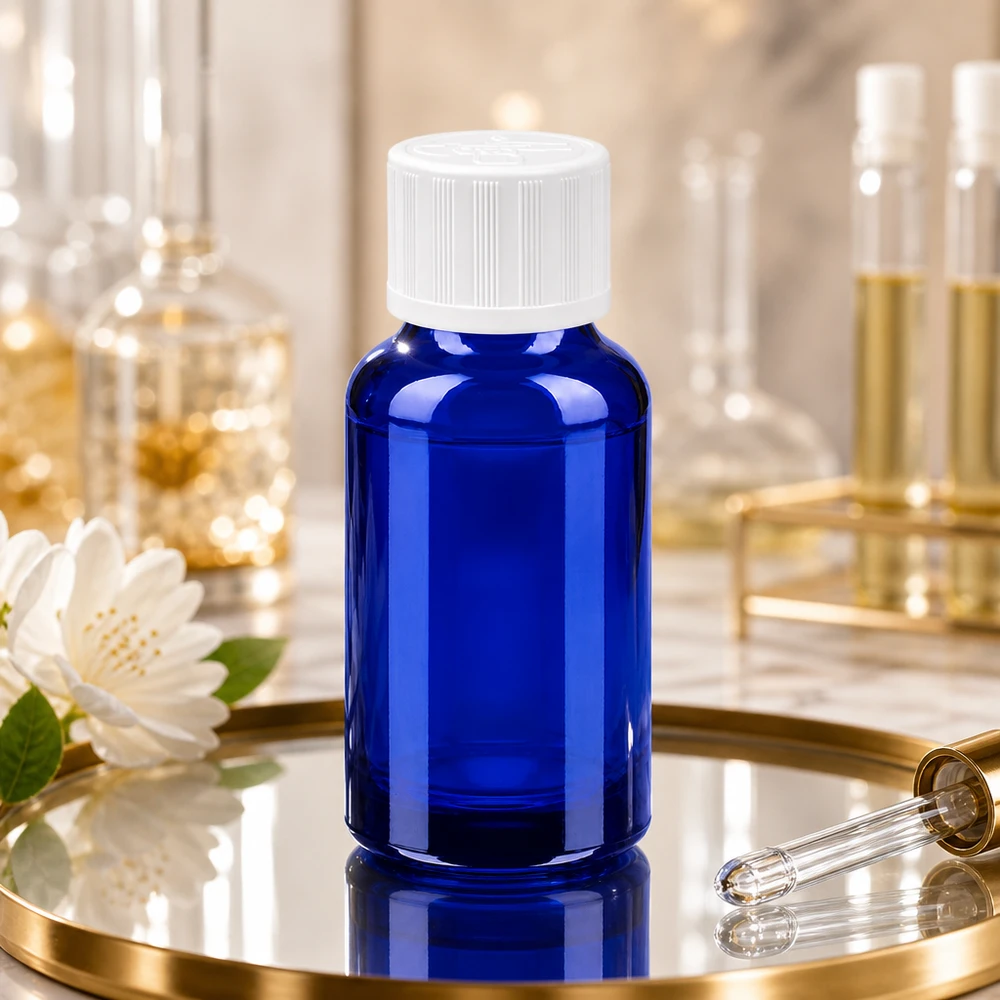 20ml pullo 11mm kierrekorkki valkoinen standardi lapsiturvallinen BlueLine UT18/20 20ml BlueLine-lasipullo, jossa on tiputussuppilo esanssien ja tinktuurien tarkkaa annostelua varten.