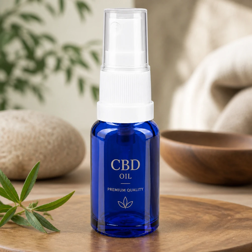 Apteekkipullo sininen 10ml ruiskukorkki valkoinen 10 ml:n sinisestä apteekkilasista valmistettu suihkepullo, jossa on pumppusuihkutin, CBD-öljyä ja luonnonkosmetiikkaa varten