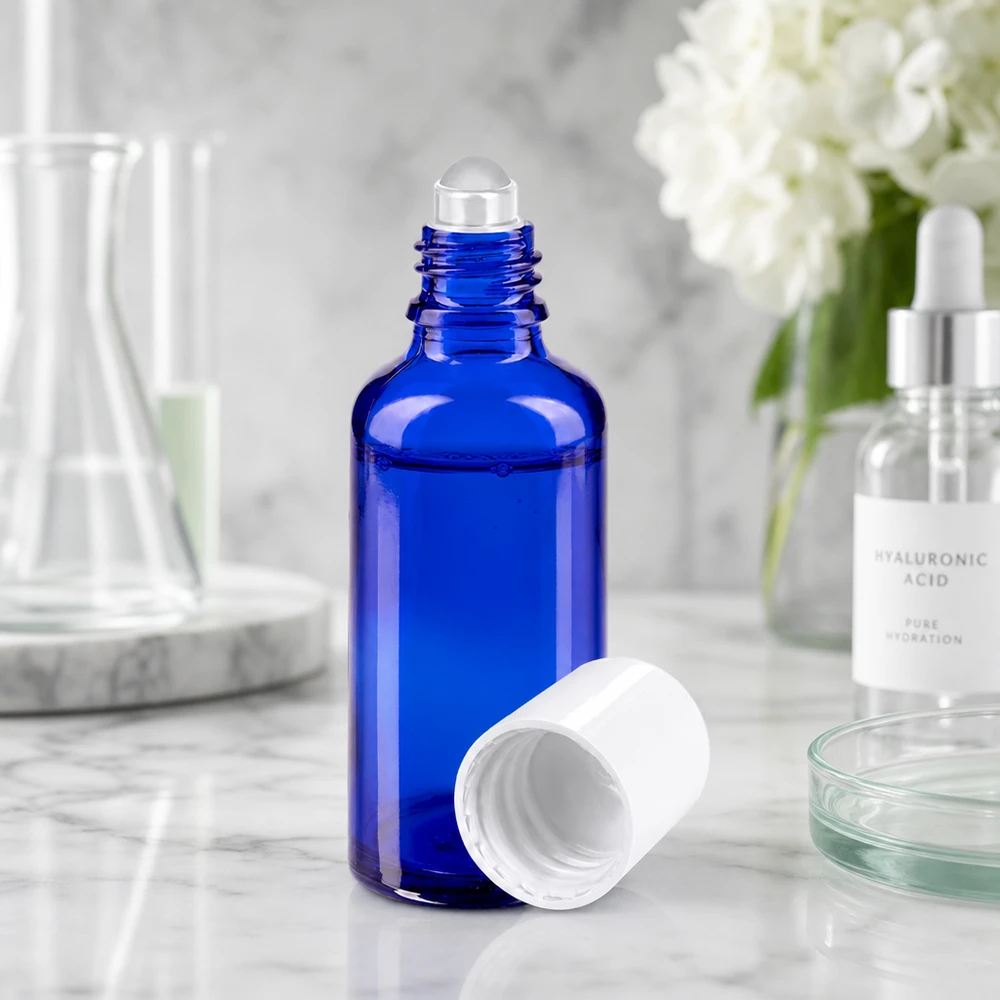 Apteekkipullo sininen 50ml roll-on korkki valkoinen Avoin sininen 50 ml:n apteekkilasipullo, jossa on rullapää, hyaluronihapposeerumin vieressä