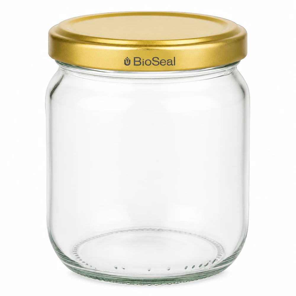 500g Honigglas mit goldenem Deckel BioSeal UNiTWIST 500 g hunajapurkki tyhjä, jossa on kultainen BioSeal-kierrekorkki hunajalle ja hillolle.