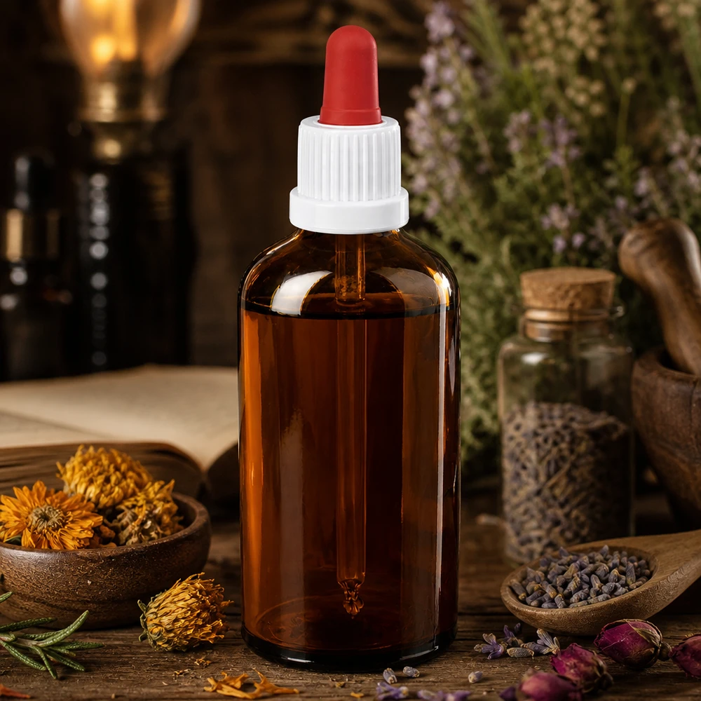100ml pipettipullo valkoinen/punainen väärentämisen estävä suljin BrownLine UT18/100 100ml laboratoriopullo punaisella silikonipipetillä ja valkoisella korkilla aromaterapiauutteita varten.