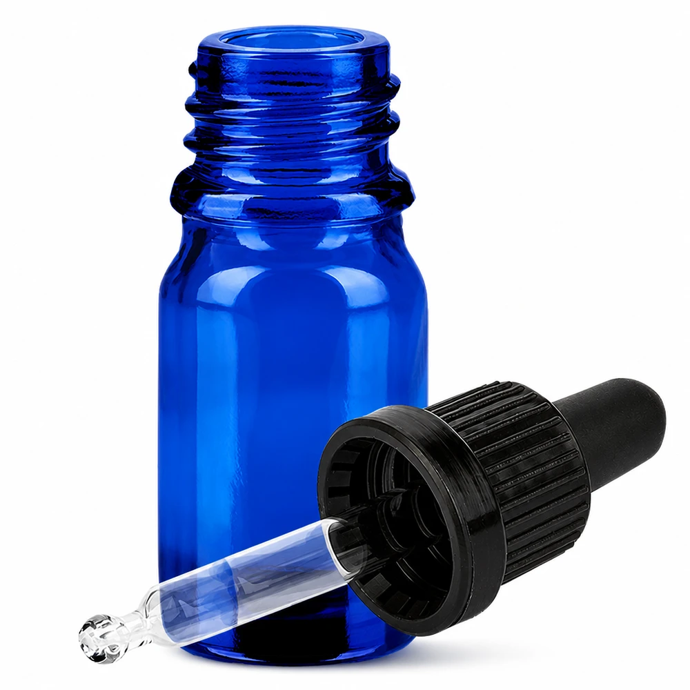 5 ml:n pipettipullo musta tamper-evident-suljin BlueLine UT18/5 Sininen lasipullo 5ml pipetillä ja mustalla tippakorkilla OV BlueLine UT18/5