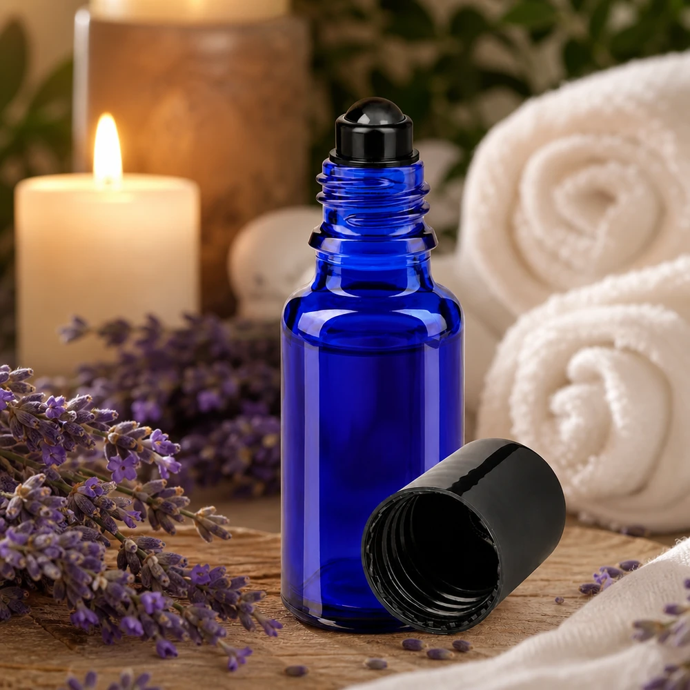 20 ml:n sinilasinen roll-on-pullo, jossa on laventelia ja kynttilä spa-tunnelmassa