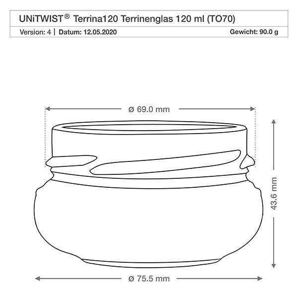 120ml terriinipurkki ilman kantta (TO70) UNiTWIST UNiTWIST UNiTWIST Terrina120 ruokakuppi lasi 120ml TO70 teknisellä piirustuksella ja mitoilla 69mm halkaisija 43.6mm korkeus