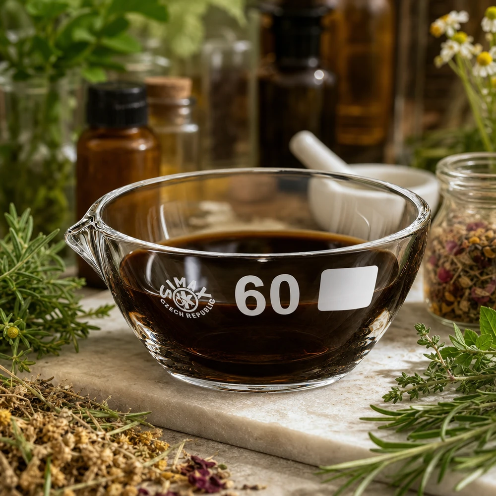 Pieni 45 ml:n borsilikaattihaihdutusastia ø60 mm, jossa on nokka mikronäytteitä ja pieniä määriä varten.