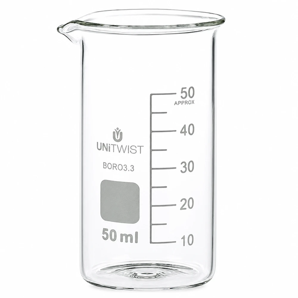 50 ml:n dekantterilasi, korkea muotti UNiTWIST UNiTWIST UNITWISTin korkea 50 ml:n borosilikaattilasimuki, jossa on millilitrimittari 50 ml:aan asti