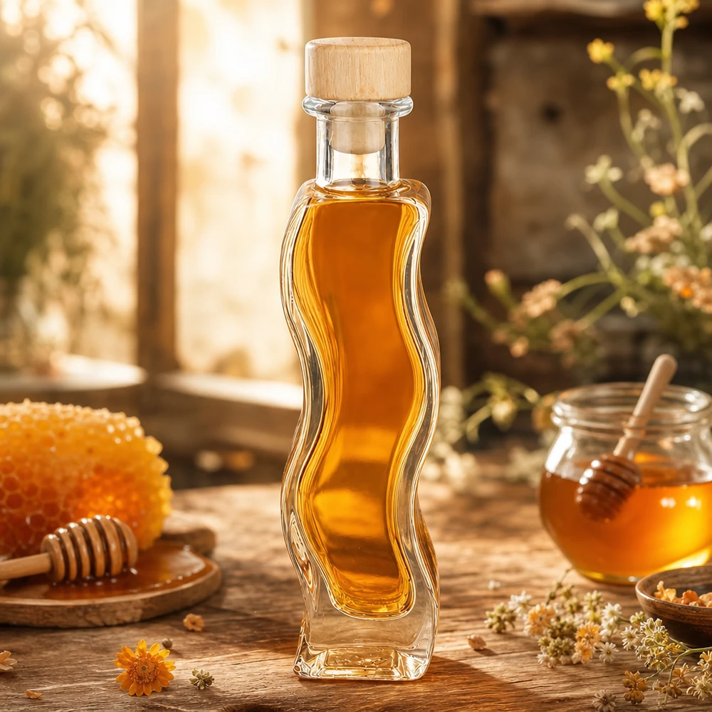 100ml Glasflasche "Melissa" mit Holzgriff-Korken UNiTWIST Glasflasche Melissa 100ml mit Honig befüllt rustikale Küche Holzkorken Bienenwaben natürliche Dekoration