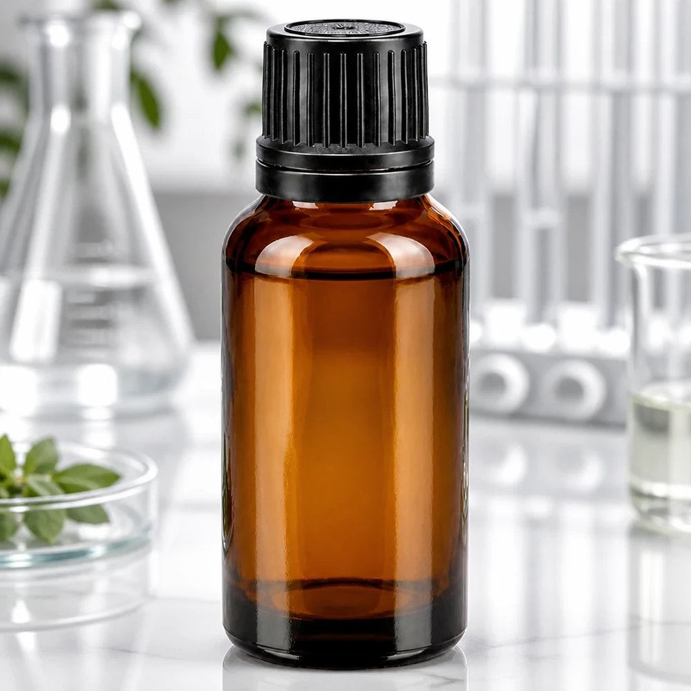 Apteekkipullo ruskea 20ml ruuvikorkki musta valurengas sinetöityä sulkemista varten Pieni 20 ml:n ruskealasi pullo, jossa on lapsiturvallinen musta kierrekorkki, laboratoriokäyttöön