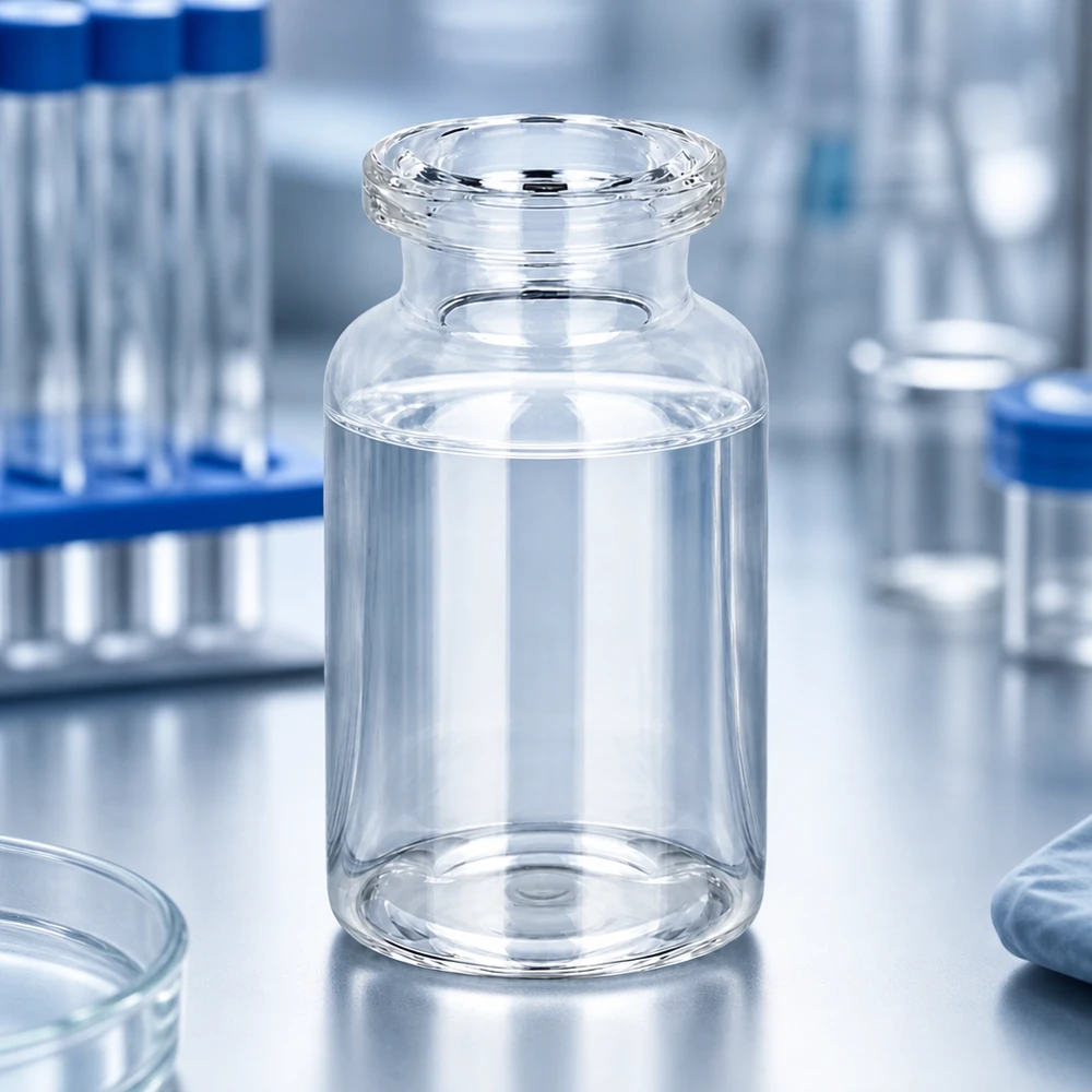 Injektionsflasche Klarglas 10ml im GMP-Labor neben Zentrifugenröhrchen und Petrischalen