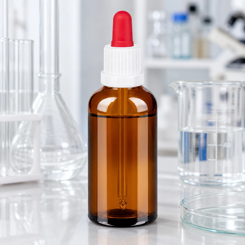 Ammattikäyttöön tarkoitettu 50 ml:n laboratoriopullo, joka on valmistettu UV-suojatusta meripihkanvärisestä lasista ja jossa on ergonominen tiputuskorkki.