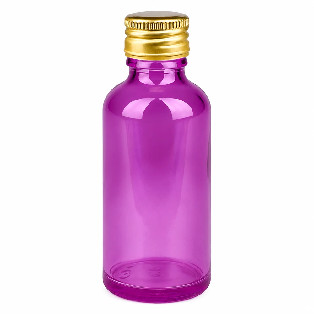 50ml pullo 11mm kierrekorkki alumiininen kultainen standardi PurpleLine. UT18/50 50ml violetti lasipullo, jossa on kultainen alumiinikorkki eteerisille öljyille ja kosmetiikalle.
