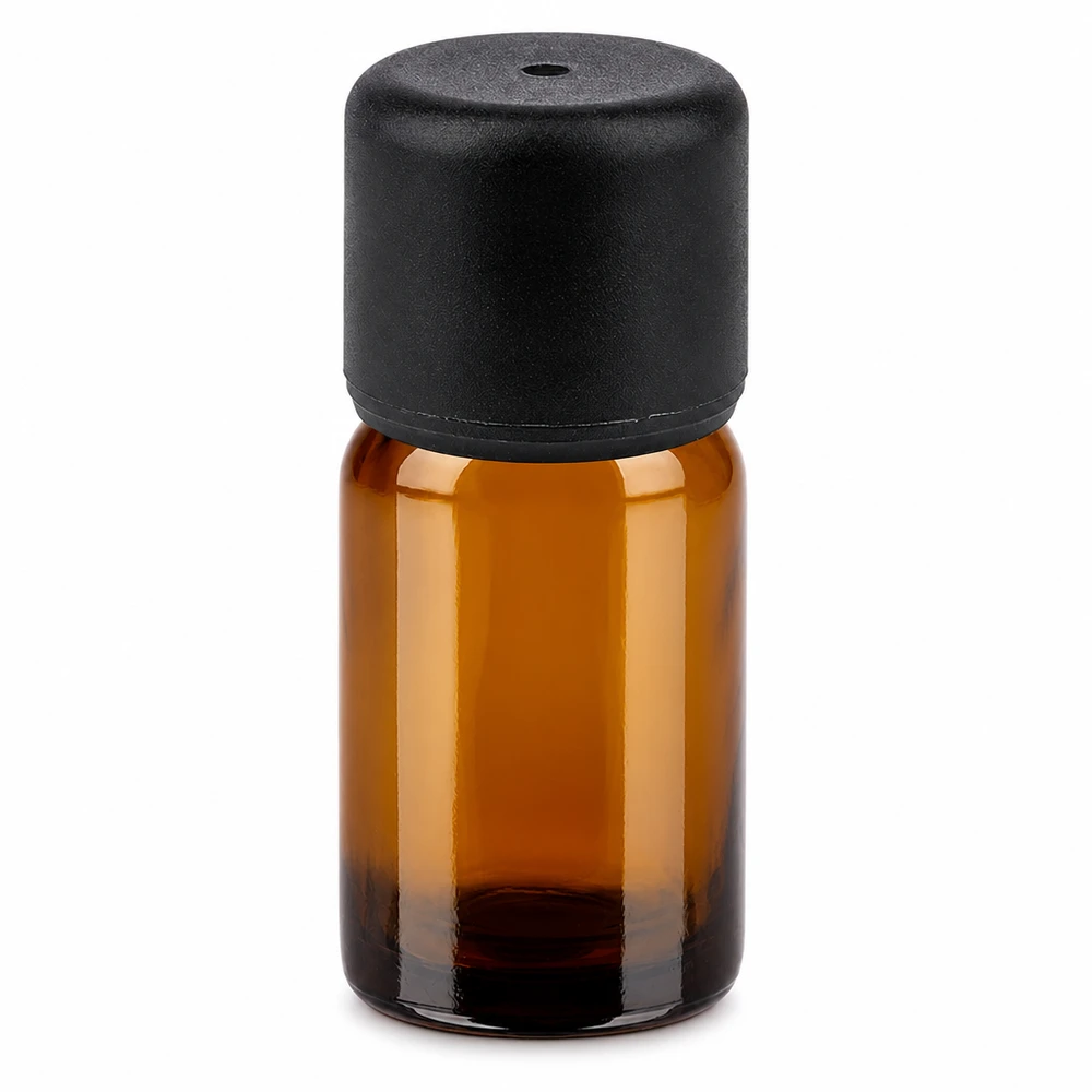 5ml pullo 6mm kierrekorkki musta Standard BrownLine UT18/5 Standard BrownLine UT18/5 5ml meripihkanvärinen lasipullo mustalla korkilla eteerisille öljyille ja kosmetiikalle.