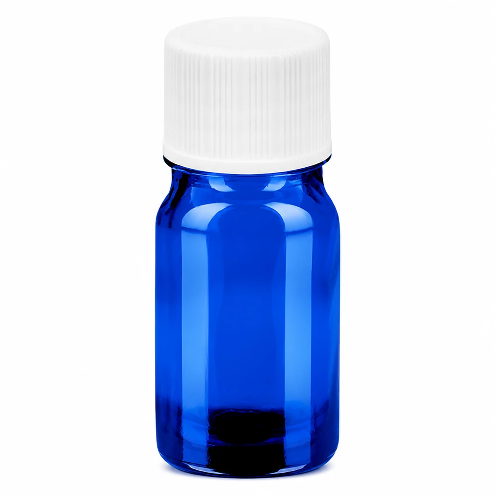 5ml pullo 11mm kierrekorkki valkoinen Standard BlueLine UT18/5 Standard BlueLine UT18/5 5ml lasipullo sininen, valkoinen kierrekorkki 11mm eteerisille öljyille ja uutteille.