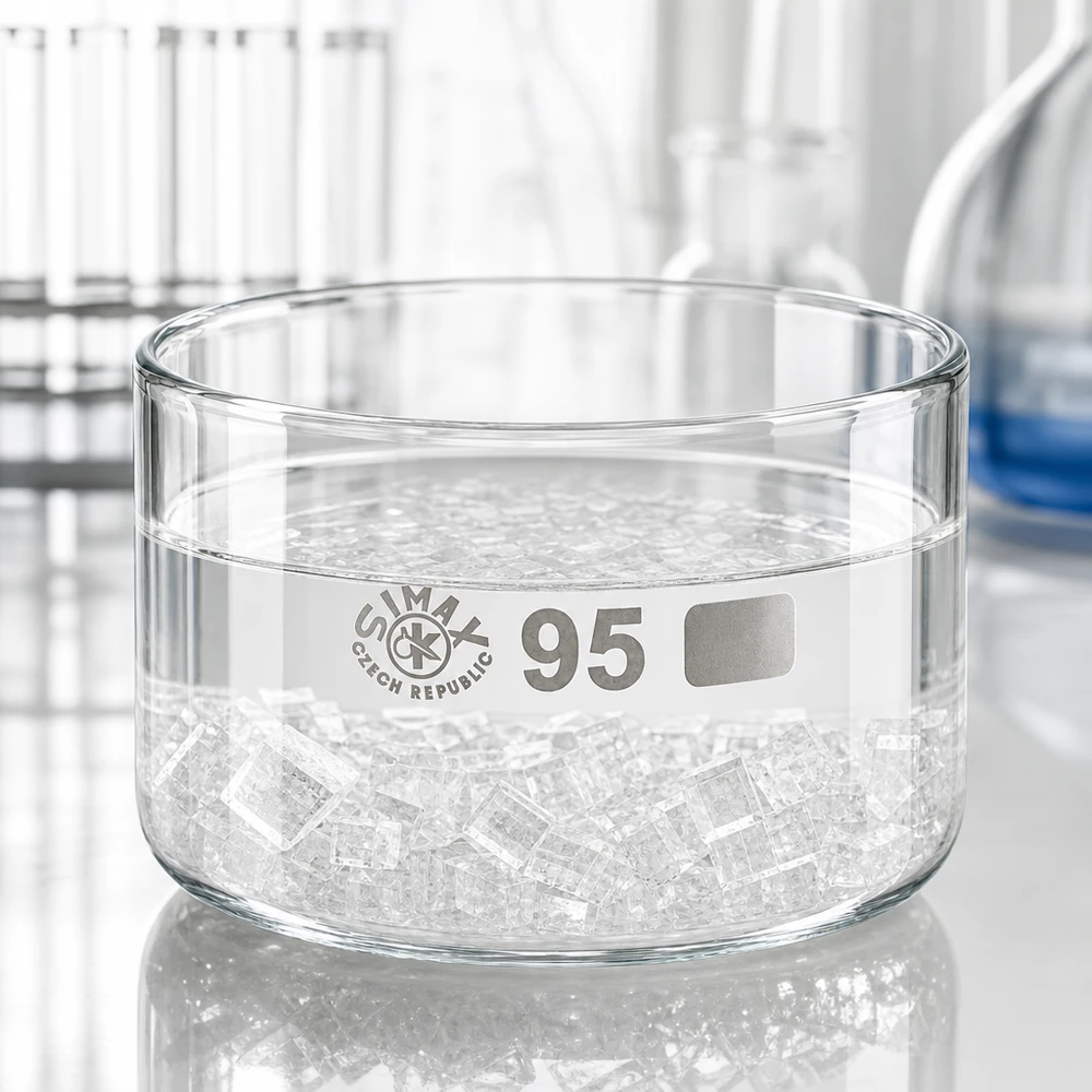 300ml kiteytysastia ilman kantta borosilikaatti ø95mm Simax-laboratoriolasit 300 ml kiteytysastia, borosilikaattia, litteä kulho, tšekkiläistä laatua