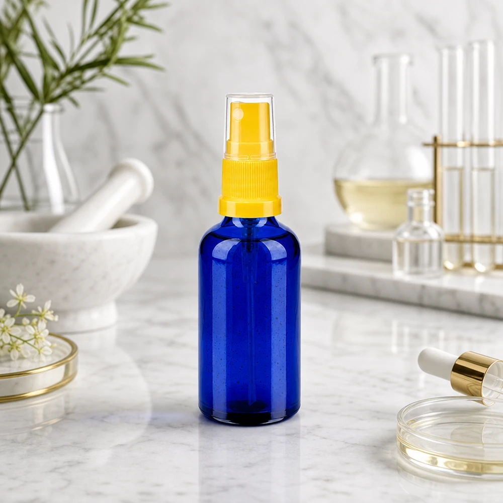 50ml suihkepullo keltainen/läpinäkyvä vakiokorkki BlueLine UT18/50 Sinisävyinen 50ml lasipullo, jossa on UV-suoja ja keltainen sumutin valolle herkille aineille.