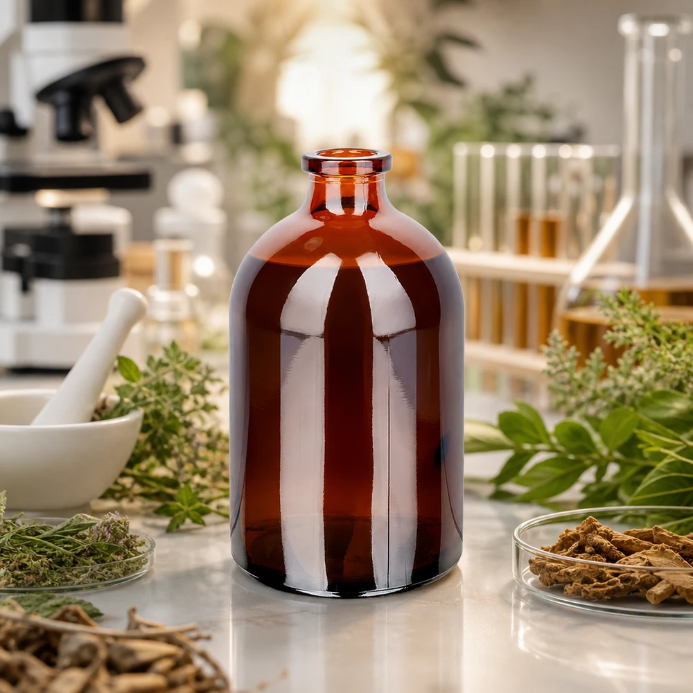 Injektiopullo meripihkalasista 100ml Injektionsflasche Braunglas 100ml mit schmalem Rollrandhals umgeben von botanischen Laborproben