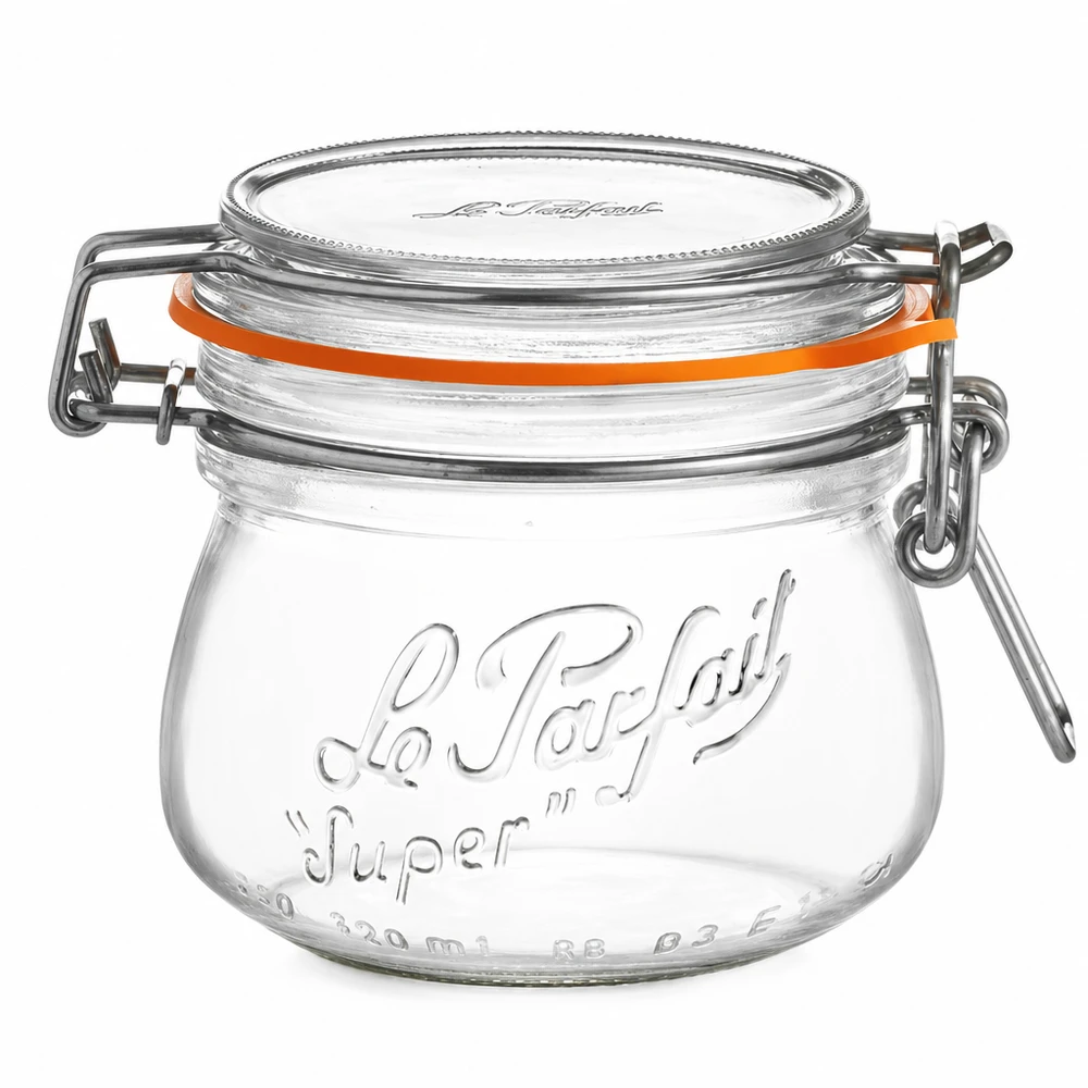 250ml Vorratsglas "Super" mit Bügelverschluss Le Parfait® 250ml Le Parfait Super säilytyspurkki, jossa on kääntyvä kansi ja kumitiiviste, kirkasta lasia keittiölle