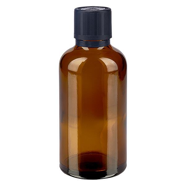 Apteekkipullo ruskea 50ml tiputuskorkki valurengas 1mm musta lapsilukko sokea varoitussymboli näpistysvarma suljin