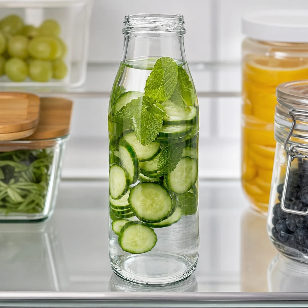 500ml lasipullo ilman kantta (TO48) UNiTWIST 500ml Glasflasche TO48 UNiTWIST mit Gurkenscheiben und Minze als Infused Water im modernen Kühlschrank