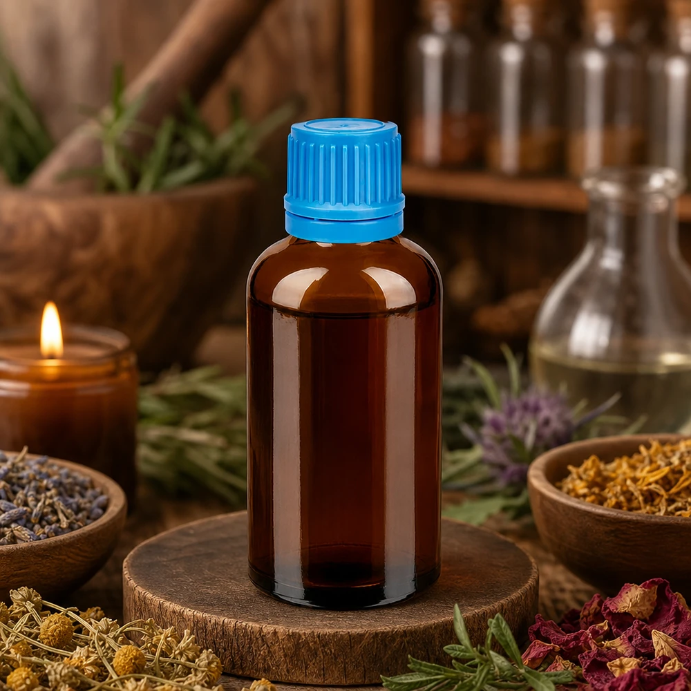 Laadukas 50ml lasipullo ruskealla ruskealla ja sinisellä korkilla luontaislääketieteeseen ja aromaterapiaan.