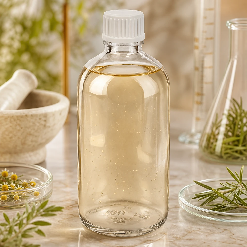 Kirkaslasiinen laboratoriopullo, 100 ml:n tiputuspullo ClearLine UT18, valkoisella korkilla, lääkekasvien joukossa
