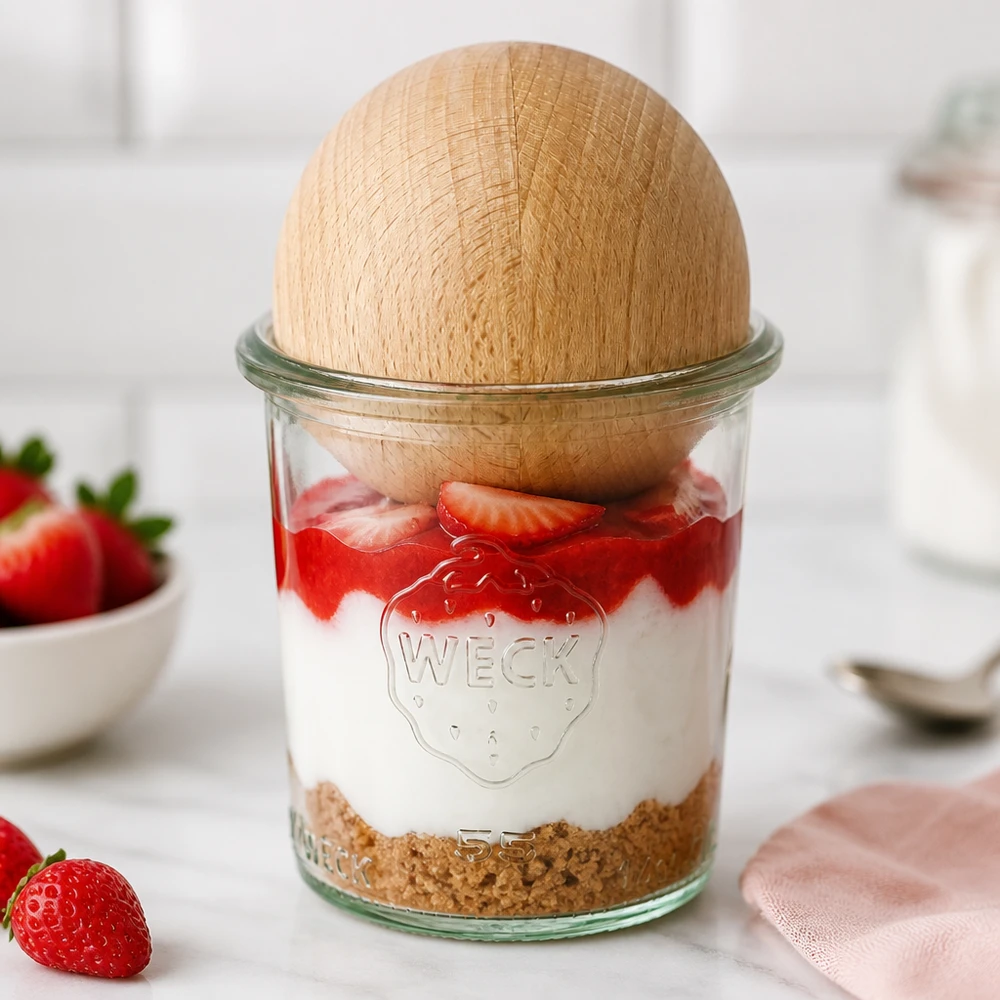 140ml juomalasit WECK RR60 puupallolla pyökki WECK Sturzglas 140ml RR60 als Dessertglas mit Erdbeeren und Sahne, Holzkugel aus Buche als stilvoller Deckel