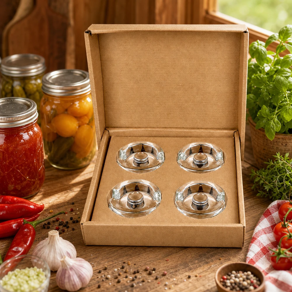 Fermentier-Glasgewichte UNiTWIST 4er Set in Geschenkbox umgeben von frischen Kräutern Tomaten und Einmachgläsern