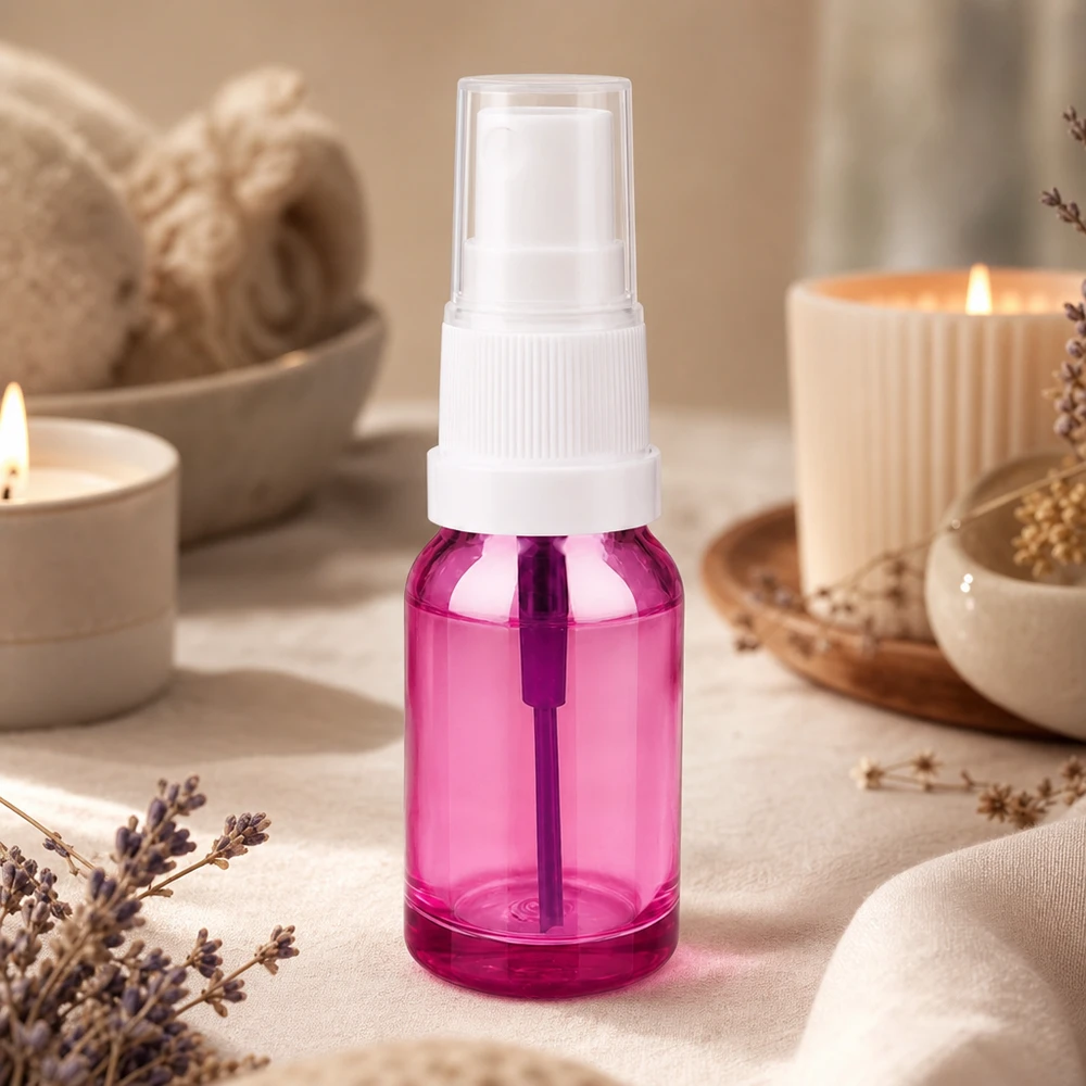 Korkealaatuinen 10ml muovinen suihkepullo tyylikkäässä violetissa värissä kauneuteen ja hyvinvointiin.
