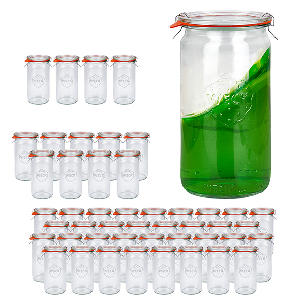 48 Weck-purkin sarja 340ml sylinteripurkkeja, joissa on 48 lasikantta. 48 Weck-purkin sarja 340ml sylinteripurkkeja, joissa on 48 lasikantta.
