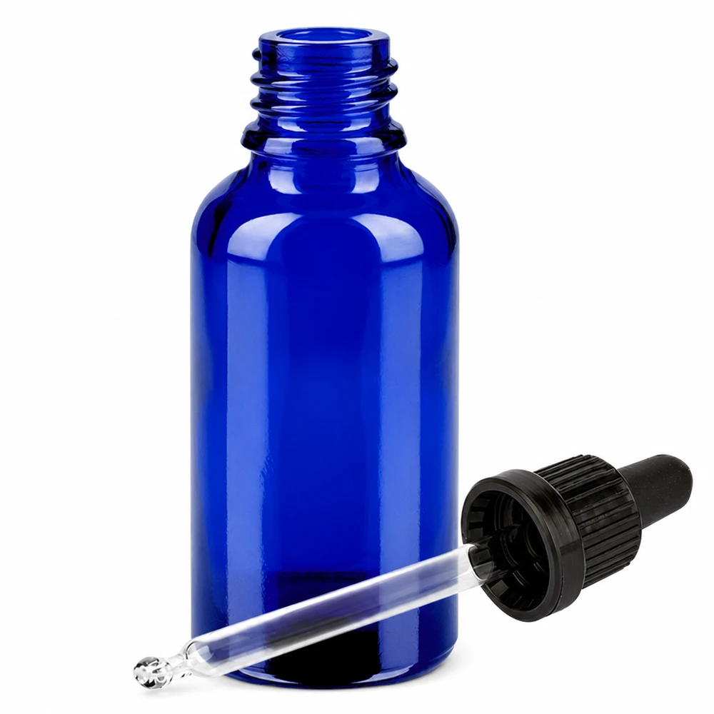 Sininen lasipullo 30ml pipetillä ja mustalla tippakorkilla tarkkaa annostelua varten.