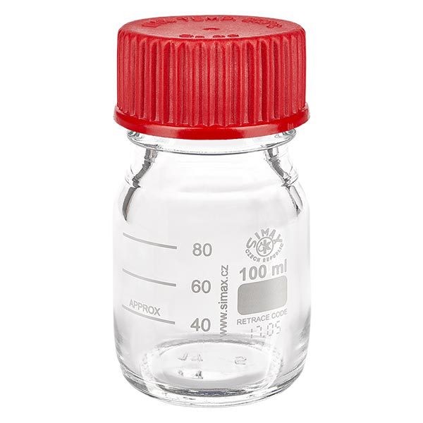 100 ml:n laboratoriokierrepullo borosilikaattilasia 3.3. Punaisella kierrekorkilla, sinetillä ja kaatorenkaalla. 100 ml:n laboratoriokierrepullo borosilikaattilasia 3.3. Punaisella kierrekorkilla, sinetillä ja kaatorenkaalla.