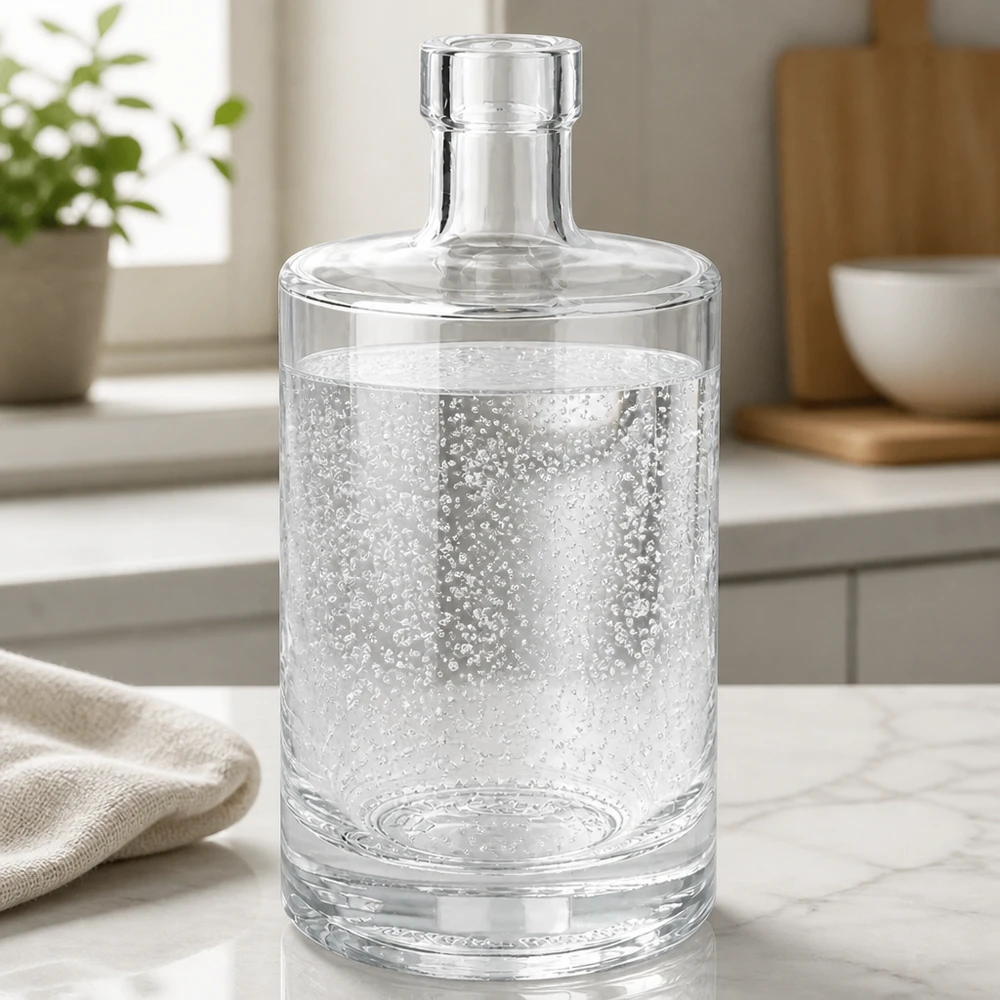 500 ml:n Marie-lasipullo täynnä kuohuvaa kivennäisvettä marmorityötasolla modernissa keittiössä.