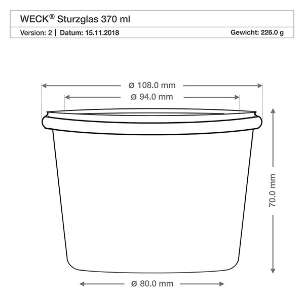 Setti 12 Weck-purkkia 370ml tumblereja, joissa on 12 lasikantta, 1 WECK tumblers 370ml RR100 tekninen piirustus mitat mitat 108mm halkaisija 70mm korkeus tuoteseloste