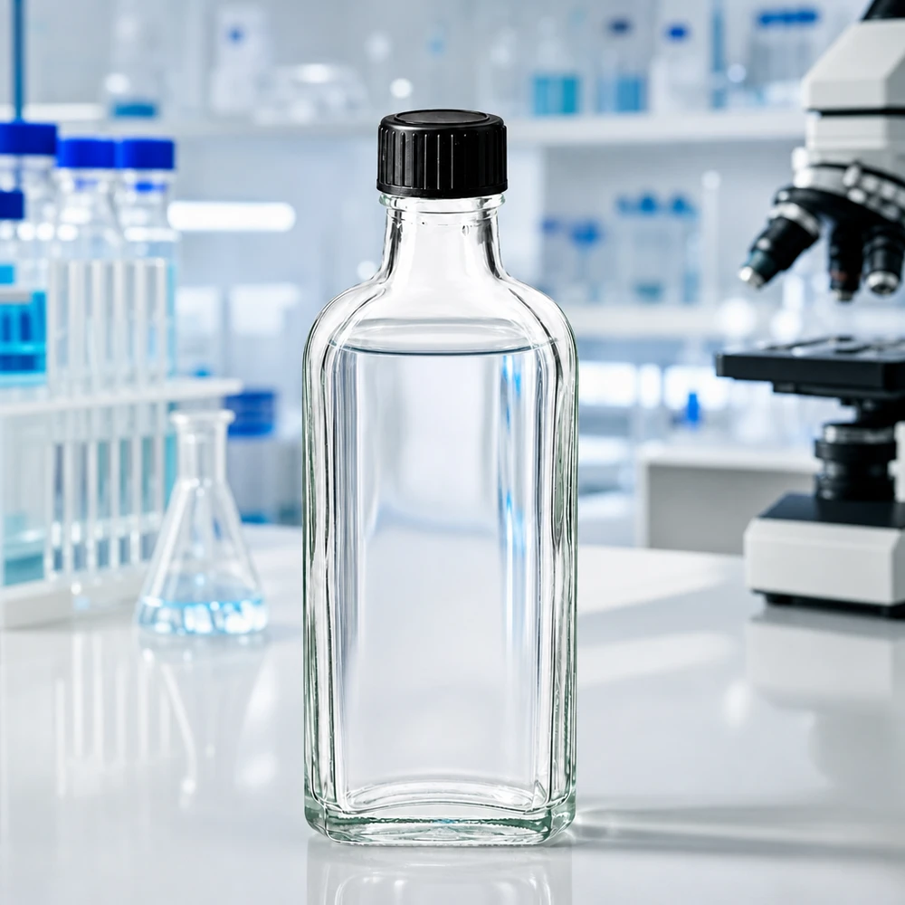 Läpinäkyvä Meplat-pullo, 100 ml, jossa on LKD-tiivistekiekko, ammattimaisessa laboratorioympäristössä