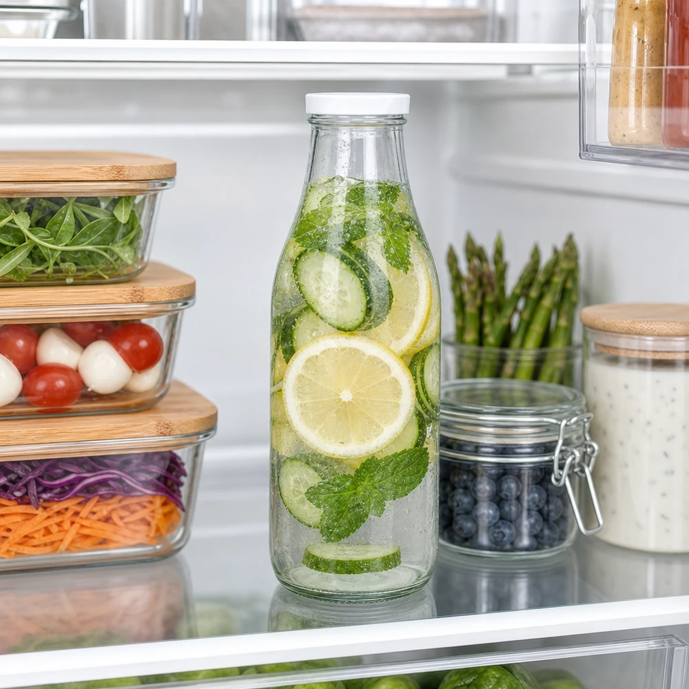 1000ml lasipullo + BasicSeal-kansi valkoinen UNiTWIST 1000ml lasipullo jääkaapissa kurkkuvettä sitruunan minttu BasicSeal kansi valkoinen Meal Prep Infused Water