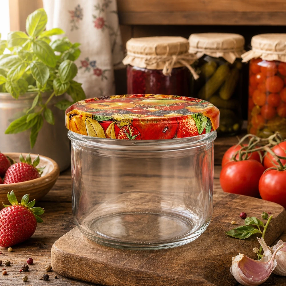 260ml juomalasit + BasicSeal-kansi hedelmäpakkaus UNiTWIST. Leeres 260ml Sturzglas mit dekorativem Obst-Deckel umgeben von frischen Tomaten und Erdbeeren in Küche