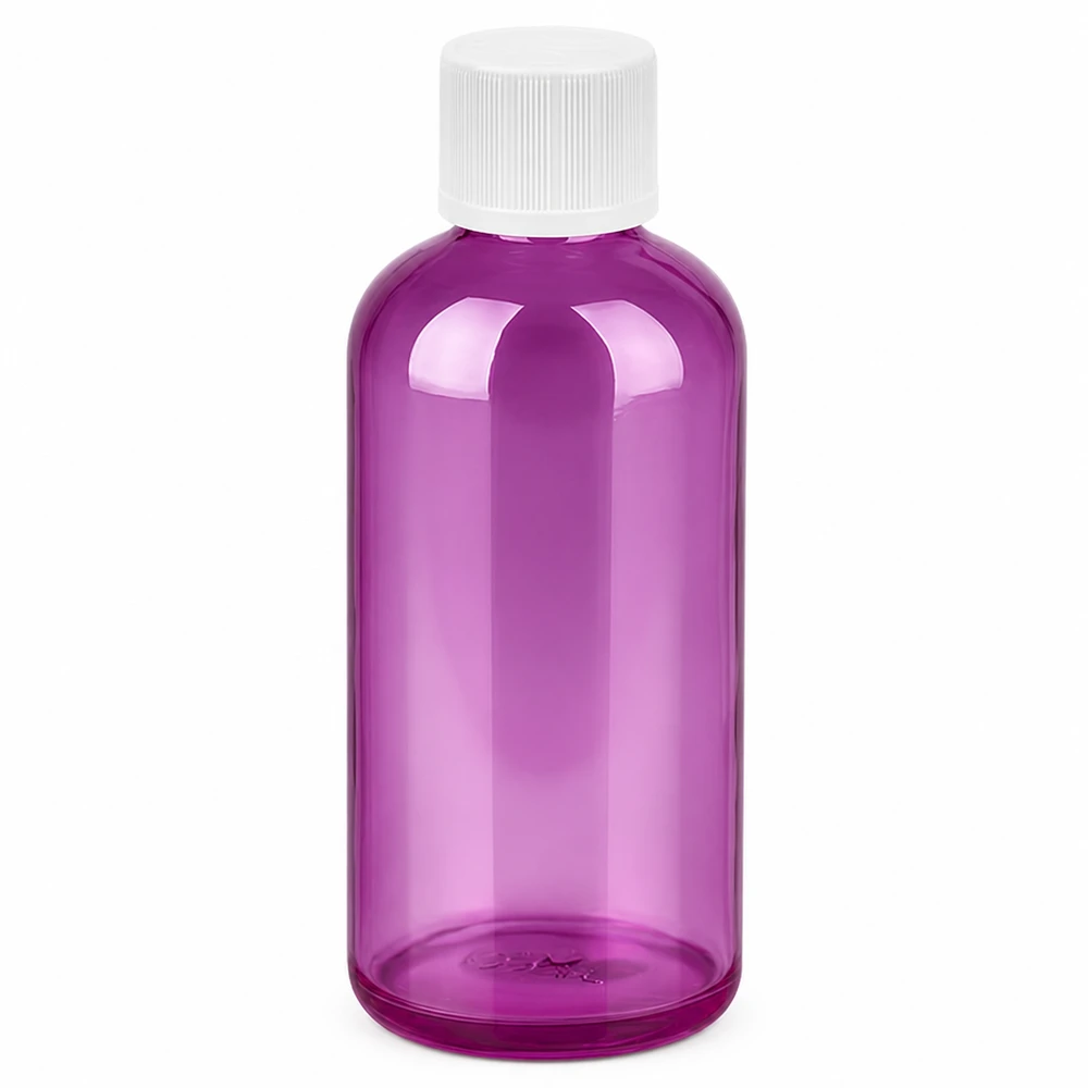 100ml pullo 11mm ruuvikorkki valkoinen standardi lapsiturvallinen PurpleLine. UT18/100 100ml muovipullo violetti läpinäkyvä valkoinen ruuvikorkki 11mm kosmetiikkaan ja apteekkiin.
