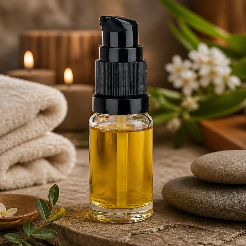10ml pumppupullo musta vakiokorkki ClearLine UT18/10 Pieni 10 ml:n lasipullo, jossa on musta pumppupullo, luonnonkivellä ja wellness-tarvikkeilla
