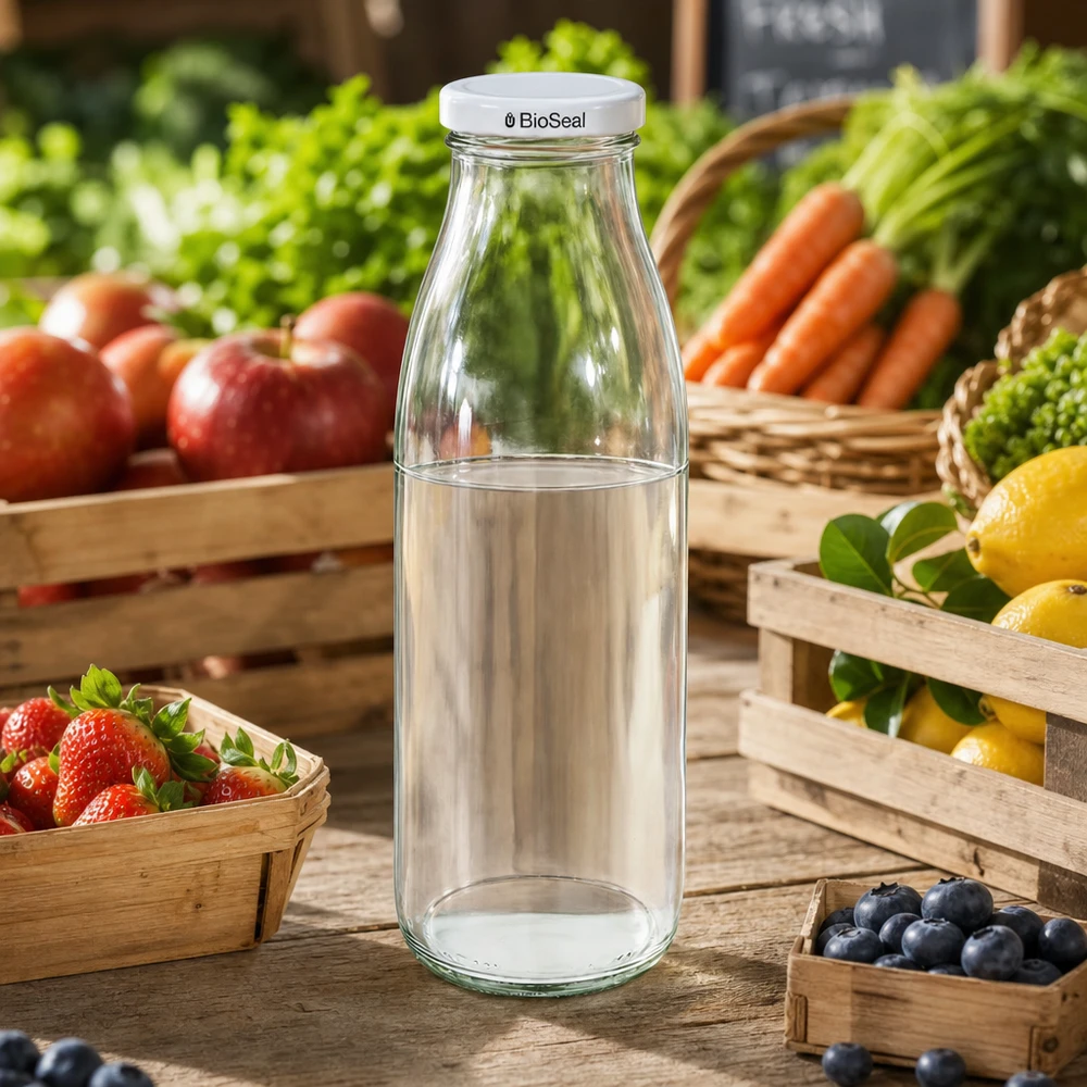500ml lasipullo + BioSeal-kansi valkoinen UNiTWIST 500ml Glasflasche mit BioSeal Deckel auf Marktstand zwischen frischem Obst und Gemüse, ideal für Säfte und Smoothies