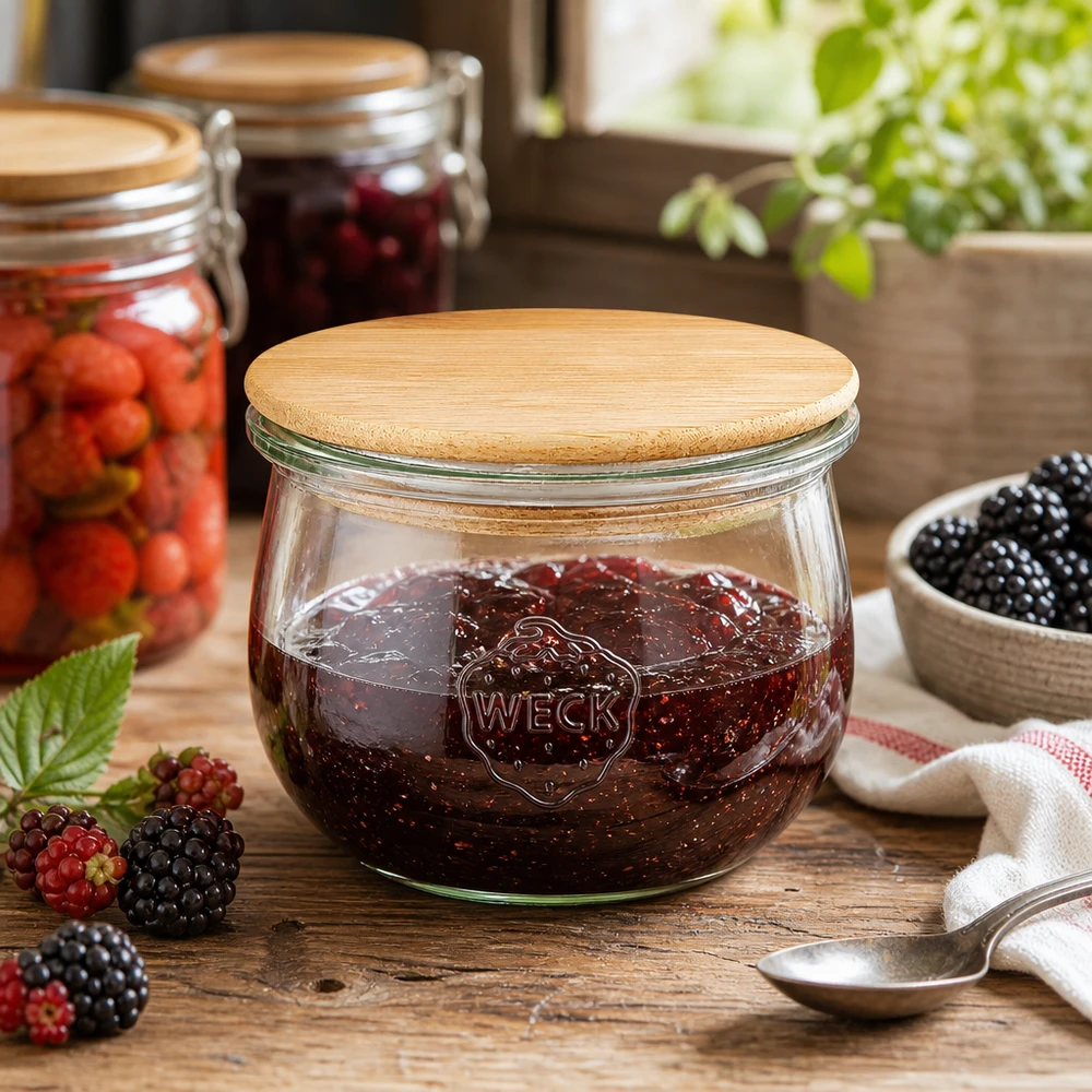 580ml tulppaanipurkki WECK RR100, jossa on puukansi WECK tulppaanipurkki RR100 580ml täynnä marjahilloa maalaismaisessa keittiössä tuoreiden marjojen ja puulusikan kanssa