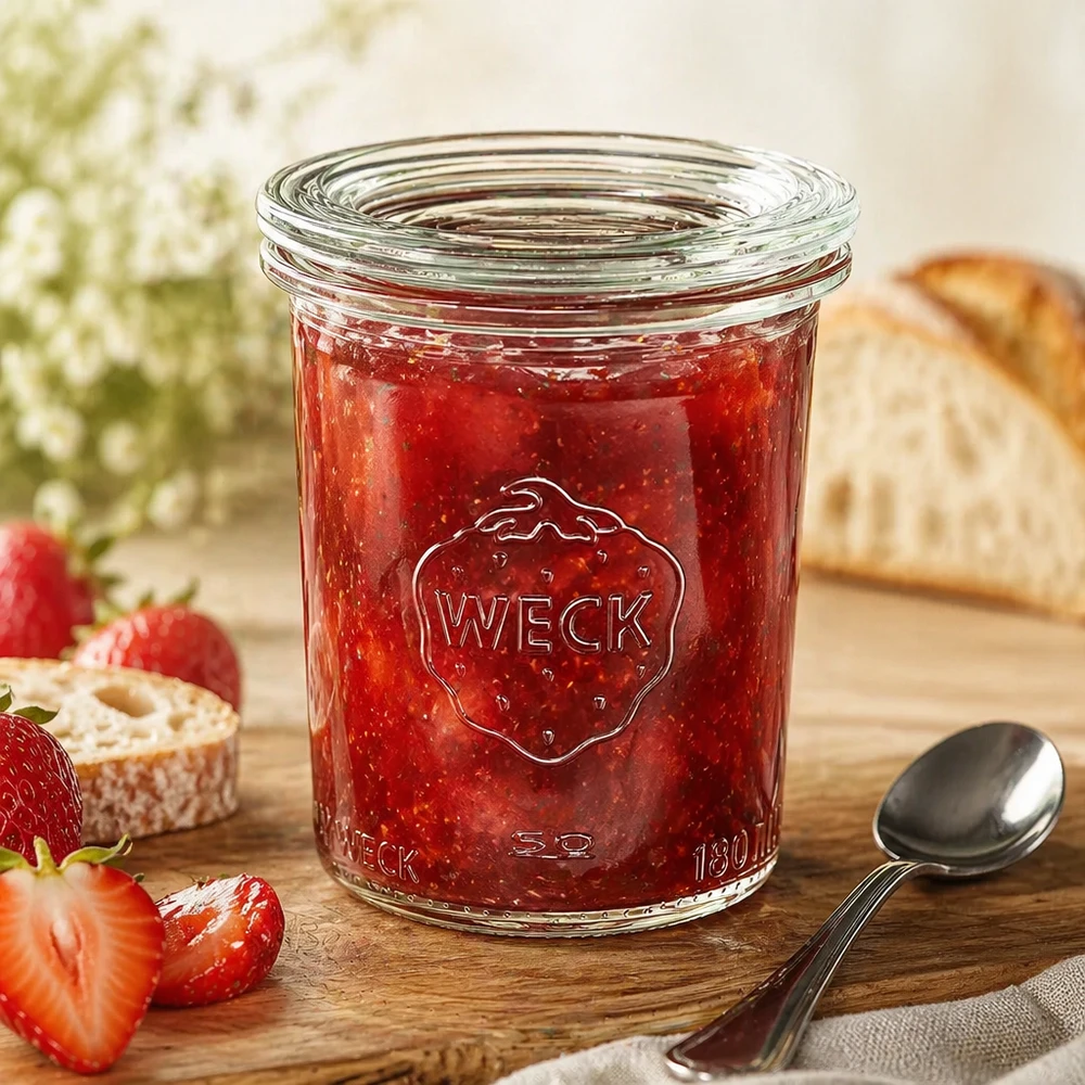 160 ml:n lasipurkki lasikannella, WECK RR60 WECK RR60 160ml muurinpohjapurkki, jossa on punaista mansikkahilloa ja lusikka, koristeltu leivällä ja mansikoilla