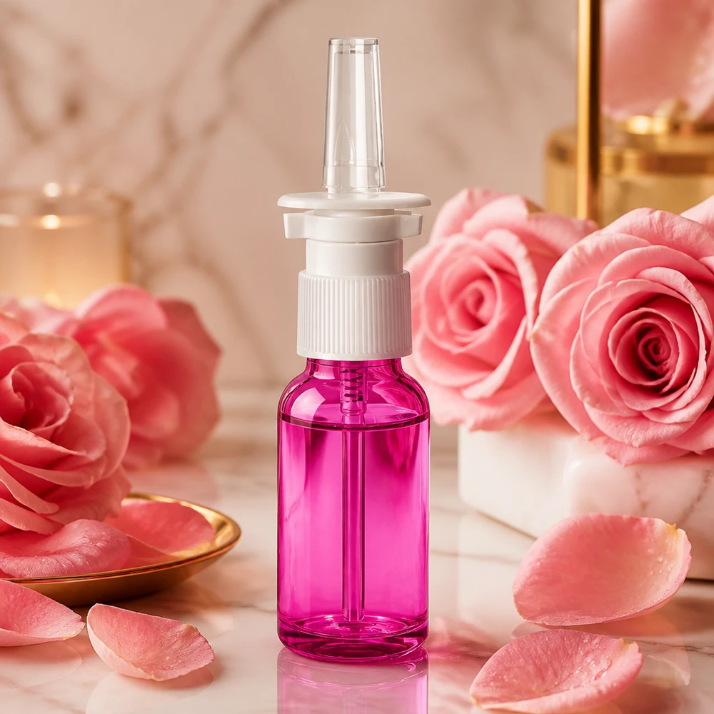 20 ml:n nenäsumutepullo korkealaatuisesta muovista, jossa on ergonominen suihkupää violetissa värissä.